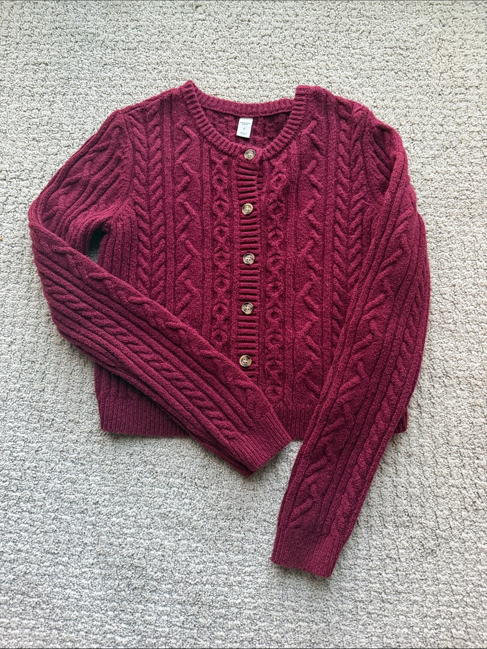 Cropped Cable Knit Cardigan Sweater Burgundy